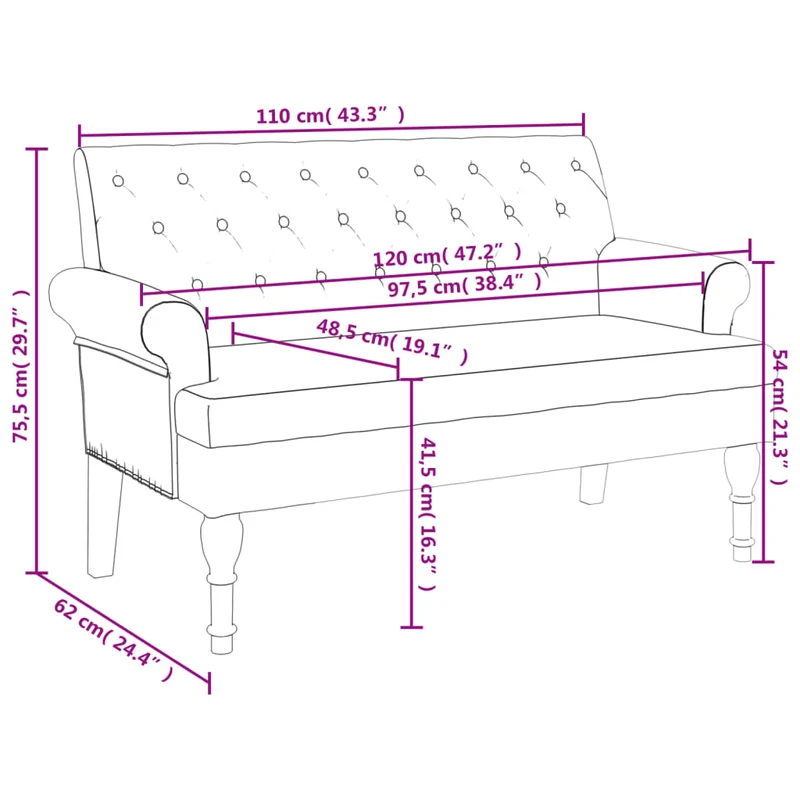 Banquette banc avec dossier capitonné et accoudoirs 120 x 62 x 75,5 cm tissu bleu DEC024640