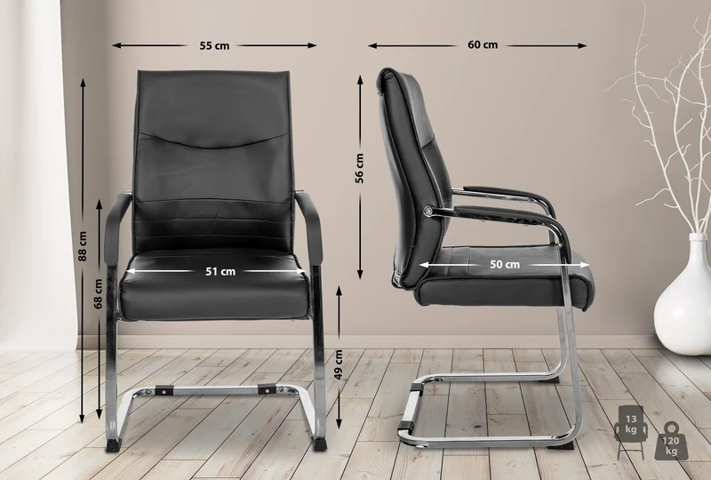 Lot de 2 fauteuils de bureau chaises visiteur sans roulettes piétement luge en métal chromé et assise en PVC noir 10_0003093