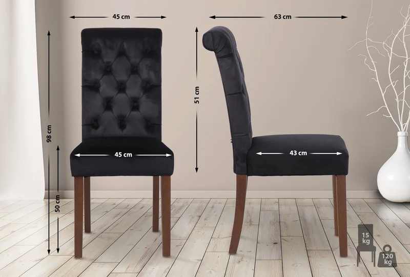 Lot de 2 chaises de salle à manger élégance capitonnée et confort en velours noir cadre en bois marron foncé 10_0007593