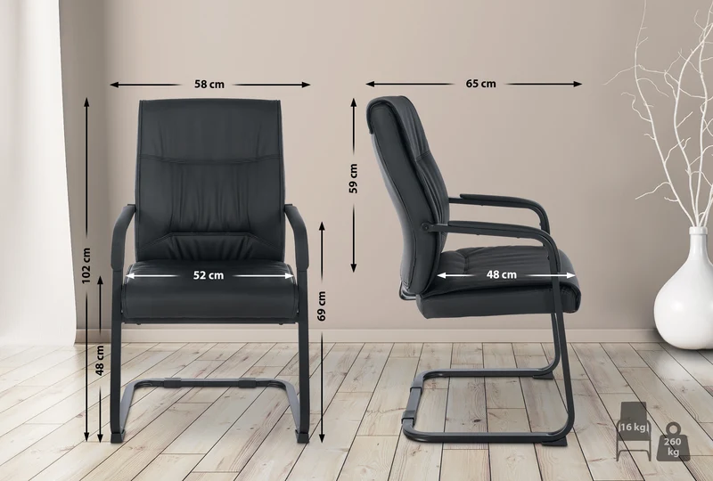 Fauteuil de bureau sans roulettes chaise visiteur sans roulettes jusqu'à 260kg en PVC noir métal noir 10_0006948