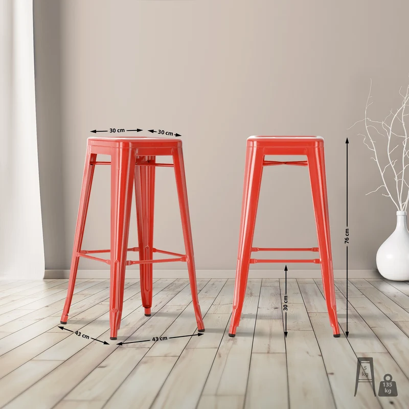 Tabouret de bar x1 hauteur 76 cm design industriel structure robuste à quatre pieds métal rouge 10_0005810