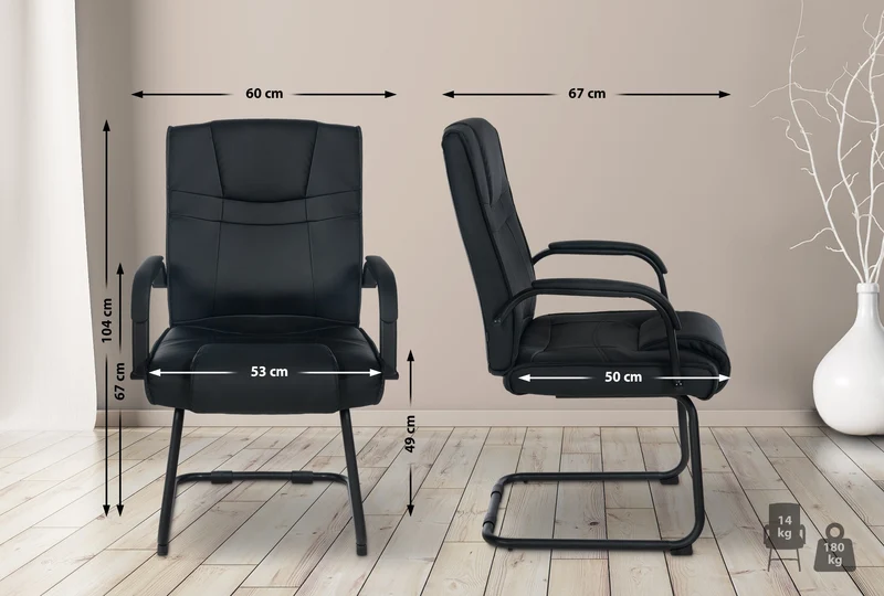Fauteuil de bureau sans roulettes accoudoirs chaise visiteur charge maximale 180 kg en PVC noir cadre en métal noir BUR10718