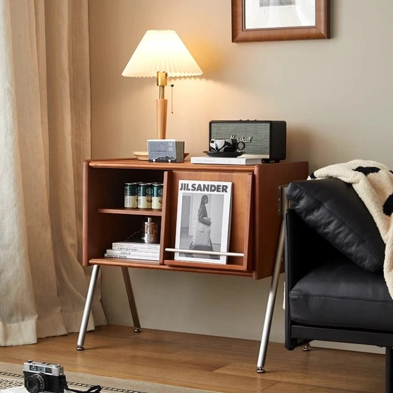 Modern Mid-Century Rectangular Pine Wood & Plywood Stainless Steel Storage Cabinet 2-Tier Design For Living Room