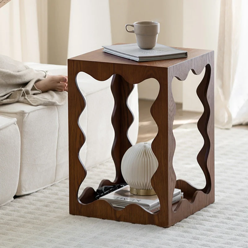 Traditional French Wavy Rectangular Plywood Portable End Table 2-Tier For Living Room & Bedroom