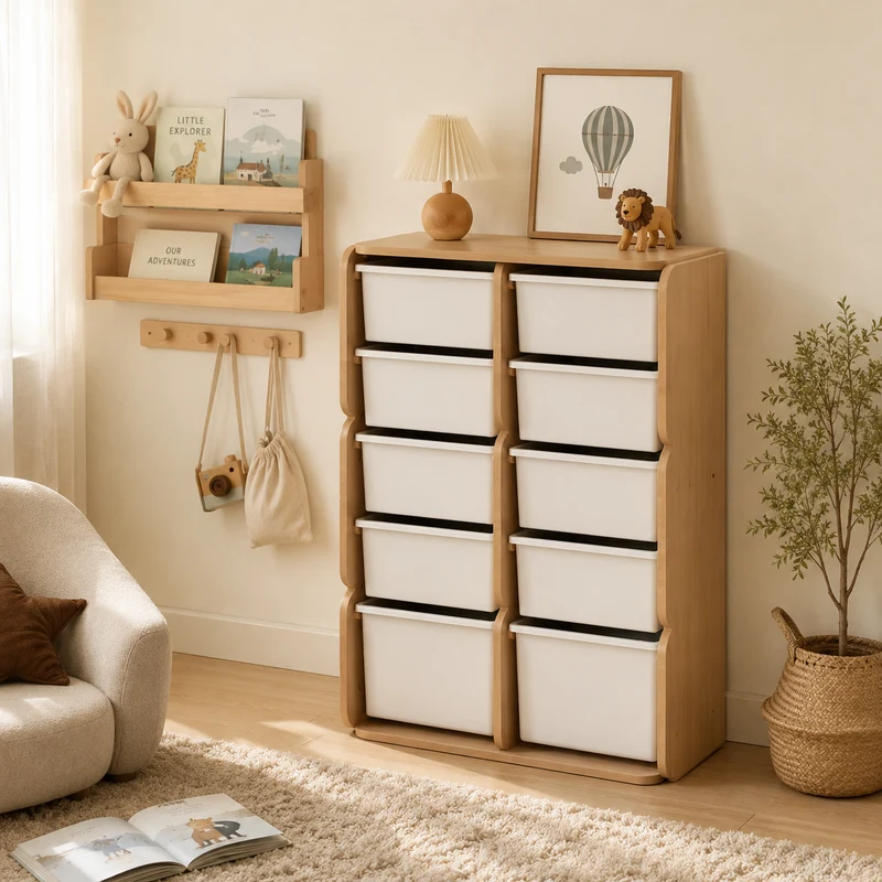 Modern Minimalist Solid Beech Wood PP Felt Kids Storage Cabinet With 10 Drawers - Montessori Toy Organizer & Large Capacity Nursery Storage Shelf