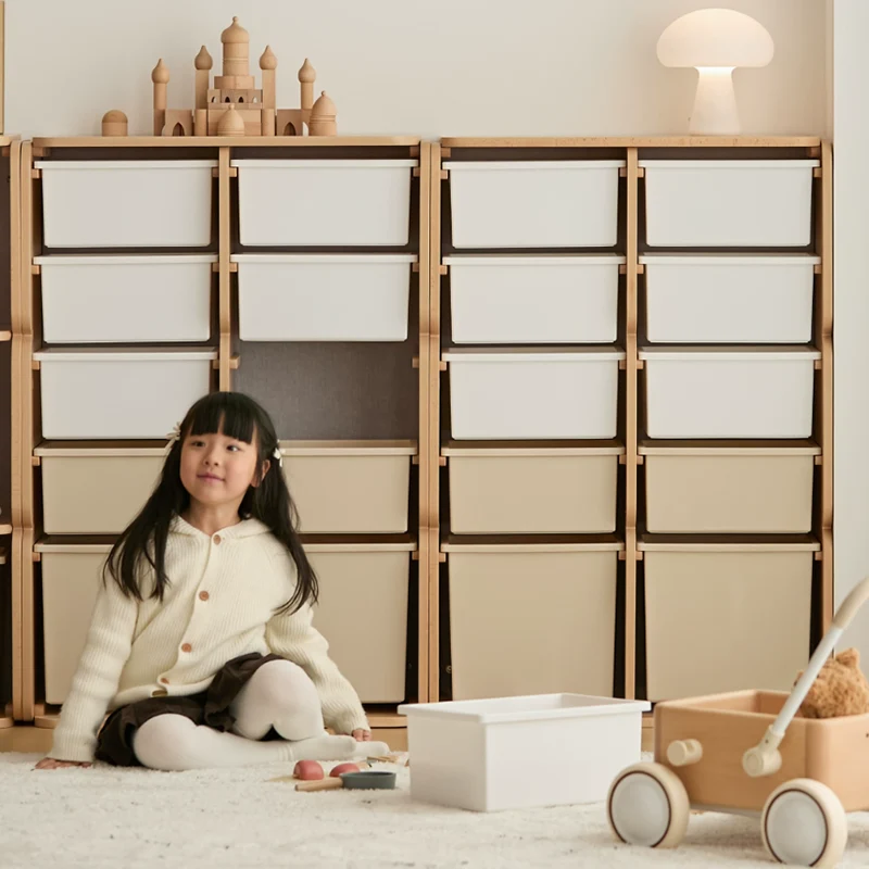 Modern Minimalist Solid Beech Wood PP Felt Kids Storage Cabinet With 10 Drawers - Montessori Toy Organizer & Large Capacity Nursery Storage Shelf