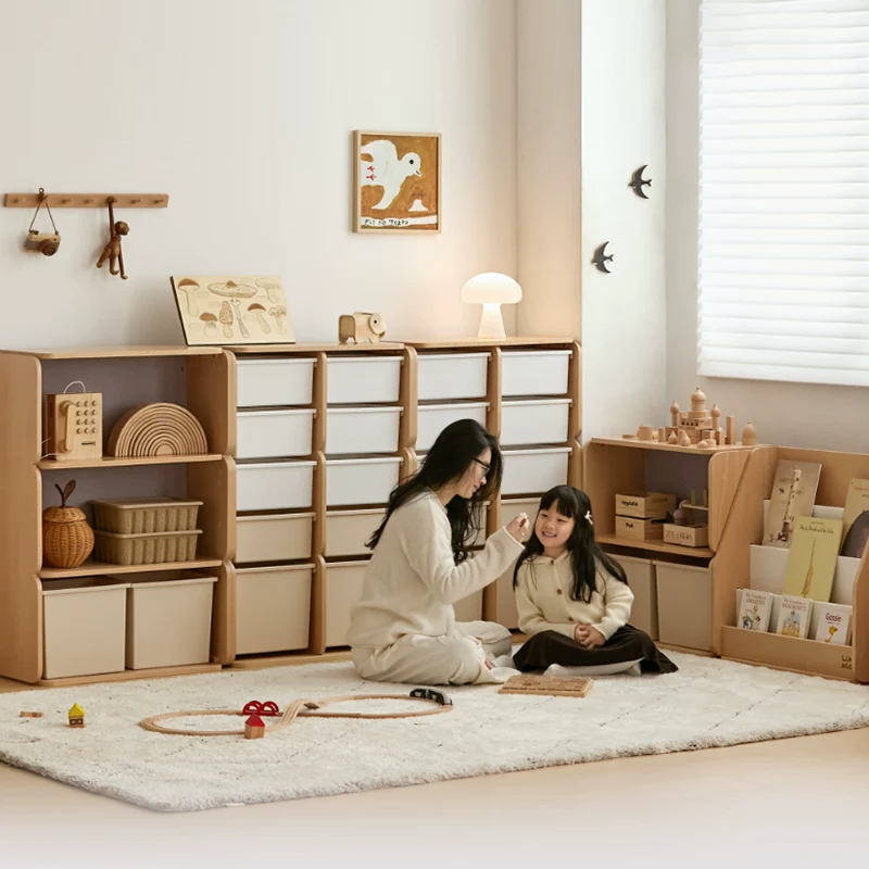Modern Minimalist Solid Beech Wood PP Felt Kids Storage Cabinet With 10 Drawers - Montessori Toy Organizer & Large Capacity Nursery Storage Shelf