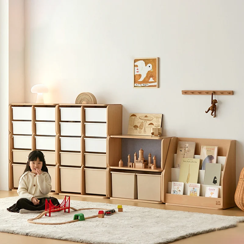 Modern Minimalist Solid Beech Wood PP Felt Kids Storage Cabinet With 10 Drawers - Montessori Toy Organizer & Large Capacity Nursery Storage Shelf
