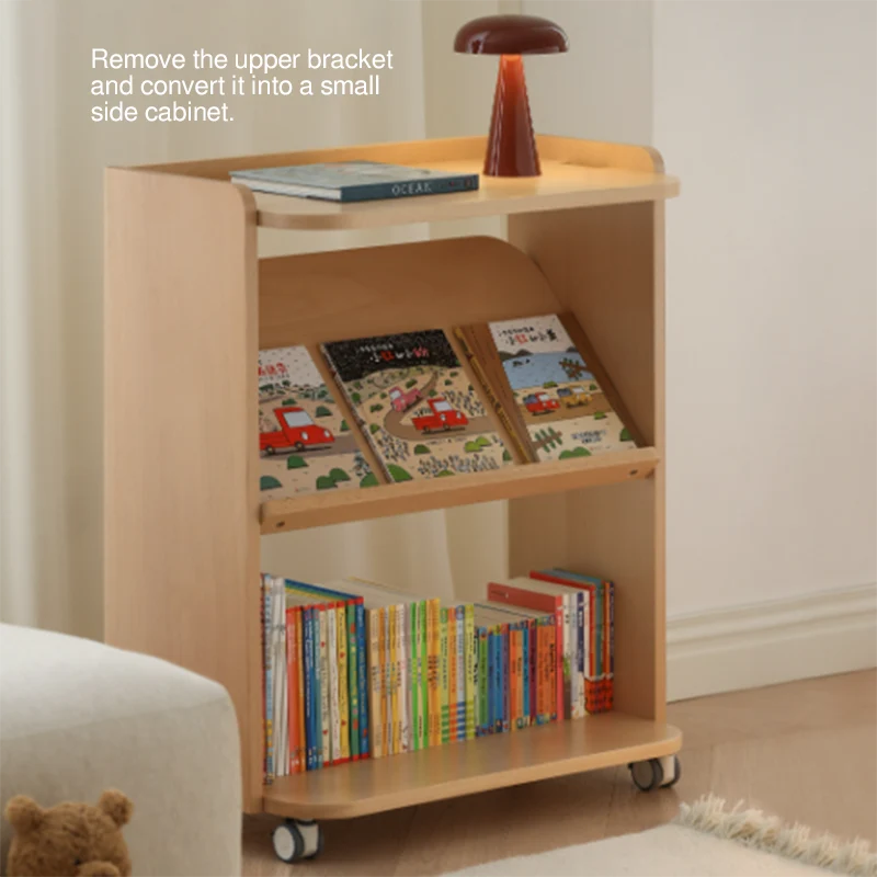 Contemporary Retro Solid Beech Wood & Plywood Canvas Ceramics Montessori Toy Storage Shelf - Convertible Double-Sided Kids Bookshelf & Play Market Organizer With Wheels