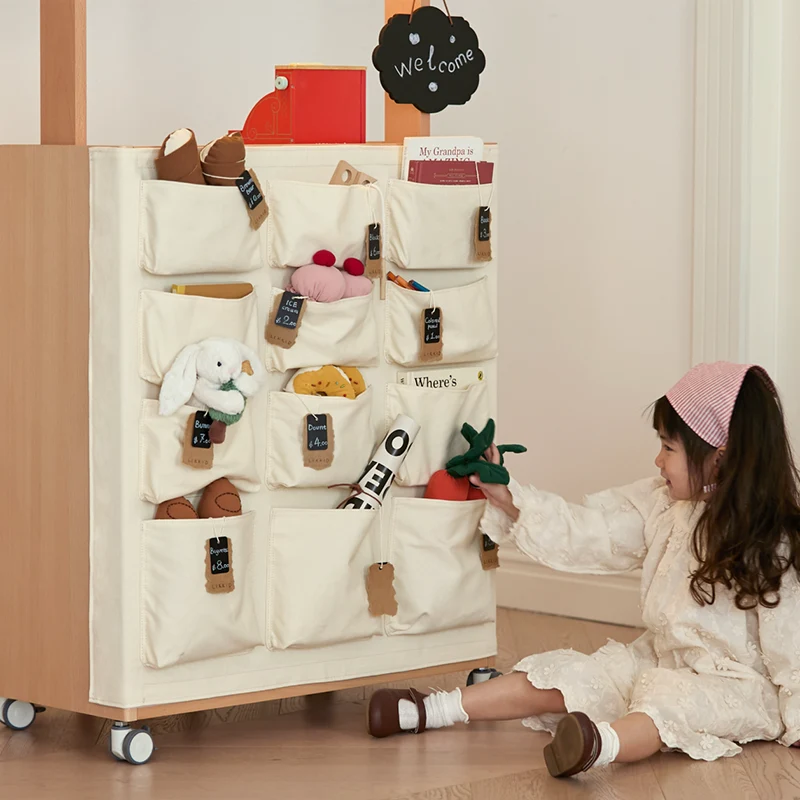 Contemporary Retro Solid Beech Wood & Plywood Canvas Ceramics Montessori Toy Storage Shelf - Convertible Double-Sided Kids Bookshelf & Play Market Organizer With Wheels