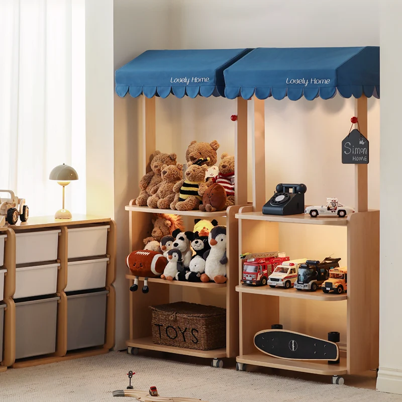 Contemporary Retro Solid Beech Wood & Plywood Canvas Ceramics Montessori Toy Storage Shelf - Convertible Double-Sided Kids Bookshelf & Play Market Organizer With Wheels