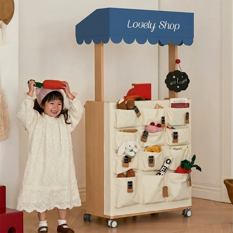Contemporary Retro Solid Beech Wood & Plywood Canvas Ceramics Montessori Toy Storage Shelf - Convertible Double-Sided Kids Bookshelf & Play Market Organizer With Wheels