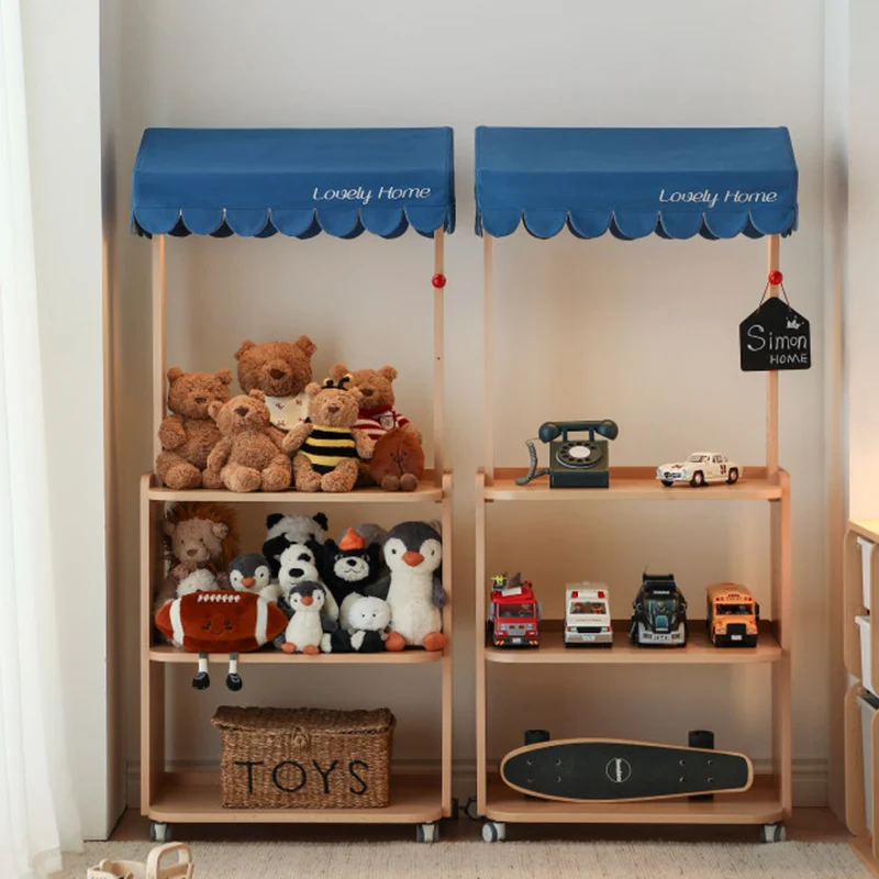 Contemporary Retro Solid Beech Wood & Plywood Canvas Ceramics Montessori Toy Storage Shelf - Convertible Double-Sided Kids Bookshelf & Play Market Organizer With Wheels