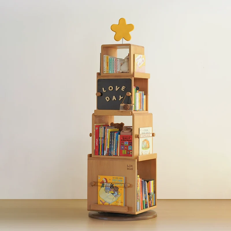 Contemporary Nordic Solid Beech Wood Rotating Kids Bookshelf - 4 Tier Children’s Book & Toy Storage Organizer With Chalkboard Panels