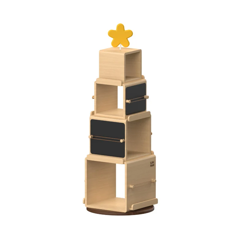 Contemporary Nordic Solid Beech Wood Rotating Kids Bookshelf - 4 Tier Children’s Book & Toy Storage Organizer With Chalkboard Panels