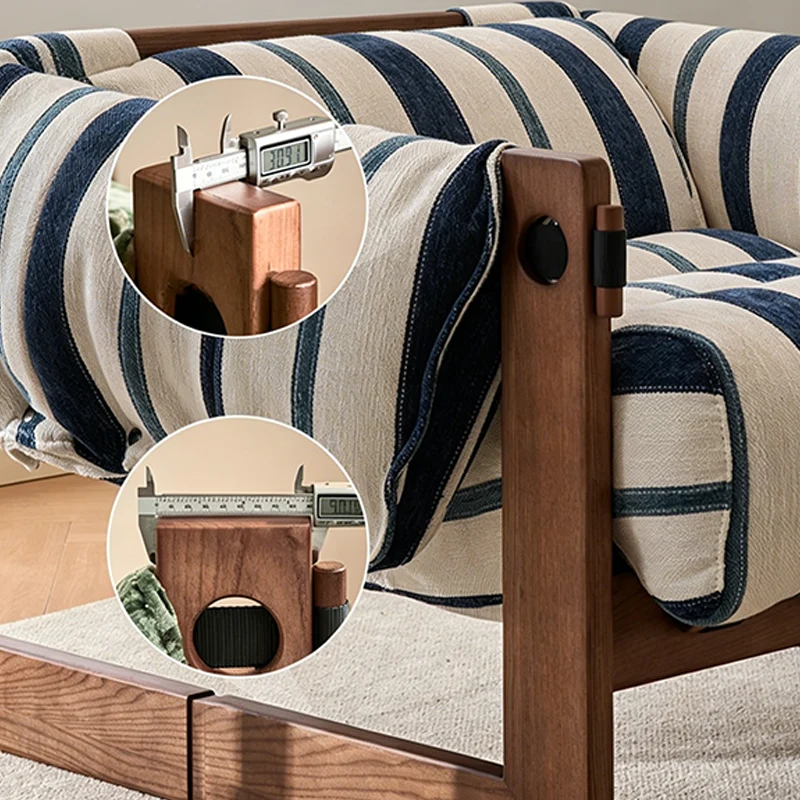Vintage Ash Wood Striped Lounge Chair - Plush Linen Chenille Linen Accent Armchair For Living Room