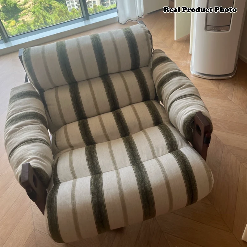 Vintage Ash Wood Striped Lounge Chair - Plush Linen Chenille Linen Accent Armchair For Living Room