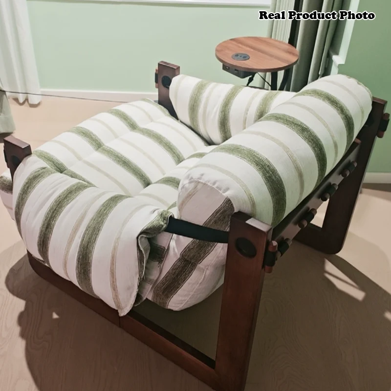 Vintage Ash Wood Striped Lounge Chair - Plush Linen Chenille Linen Accent Armchair For Living Room