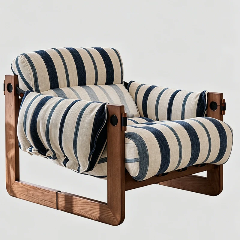 Vintage Ash Wood Striped Lounge Chair - Plush Linen Chenille Linen Accent Armchair For Living Room