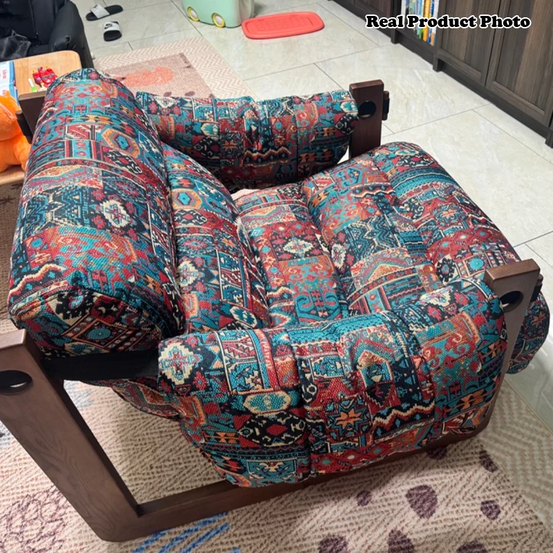 Vintage Ash Wood Jacquard Lounge Chair - Plush Down & Fiber-Filled Accent Armchair For Living Room