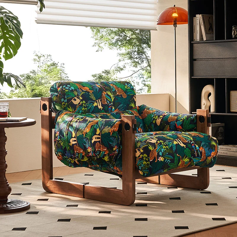 Vintage Ash Wood Jacquard Lounge Chair - Plush Down & Fiber-Filled Accent Armchair For Living Room