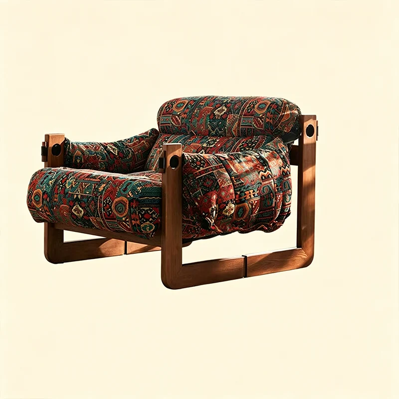 Vintage Ash Wood Jacquard Lounge Chair - Plush Down & Fiber-Filled Accent Armchair For Living Room