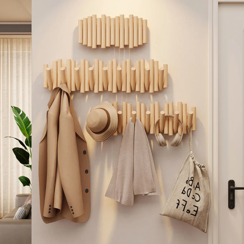 Contemporary Nordic Cylindrical Piano-Key Pine Wall-Mounted Coat Rack Hall Tree For Bedroom & Entryways