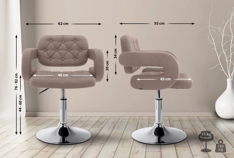 Chaise lounge fauteuil de bureau avec accoudoir capitonné hauteur réglable en tissu taupe 10_0002801