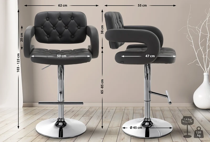 Tabouret de bar x1 avec repose-pied et accoudoirs capitonné en PVC gris support en métal chromé 10_0004791