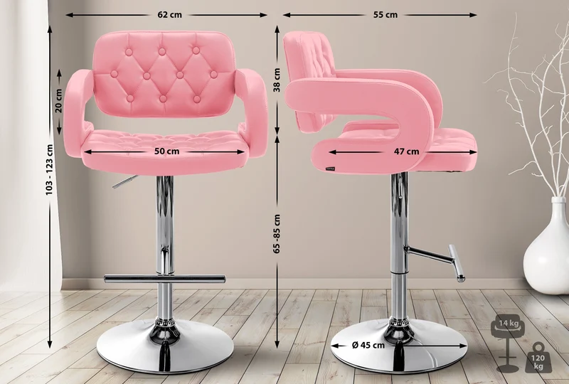Tabouret de bar capitonné en synthétique rose accoudoirs repose-pieds métal chromé design moderne 10_0006833