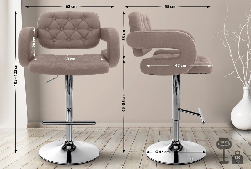 Tabouret de bar x1 design moderne assise capitonnée tissu taupe pied métal chromé 10_0006289