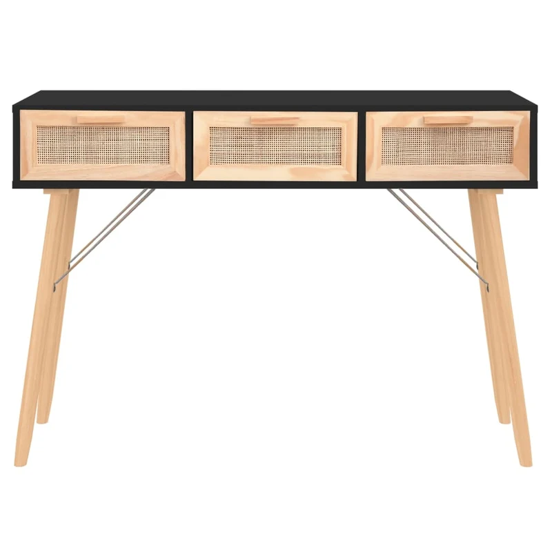 Table console d'entrée fonctionnel et stylé avec tiroirs 105 x 30 x 75 cm bois massif pin /rotin naturel noir DEC032095