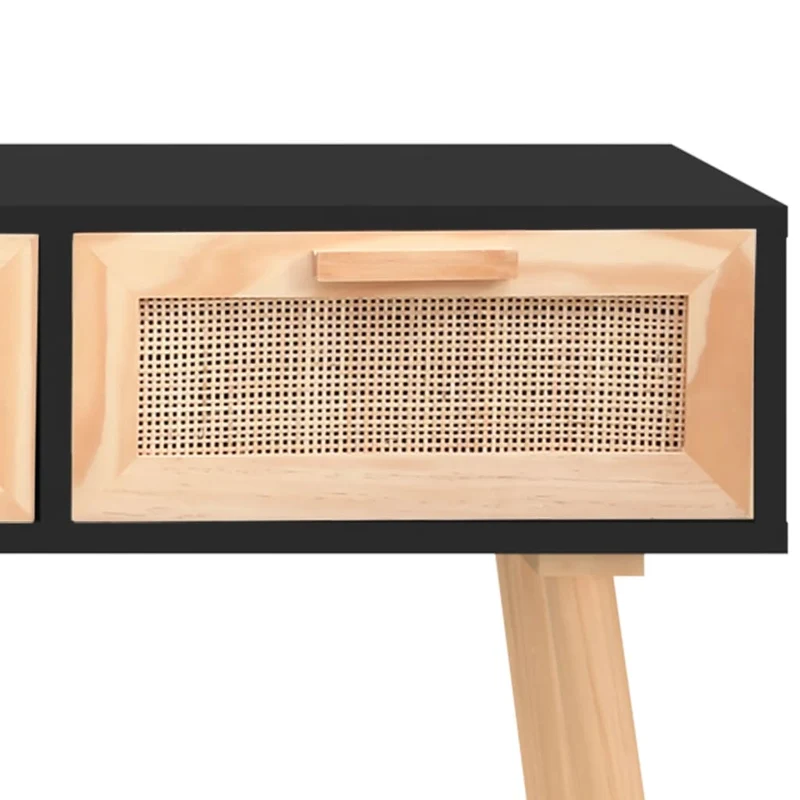 Table console d'entrée fonctionnel et stylé avec tiroirs 105 x 30 x 75 cm bois massif pin /rotin naturel noir DEC032095