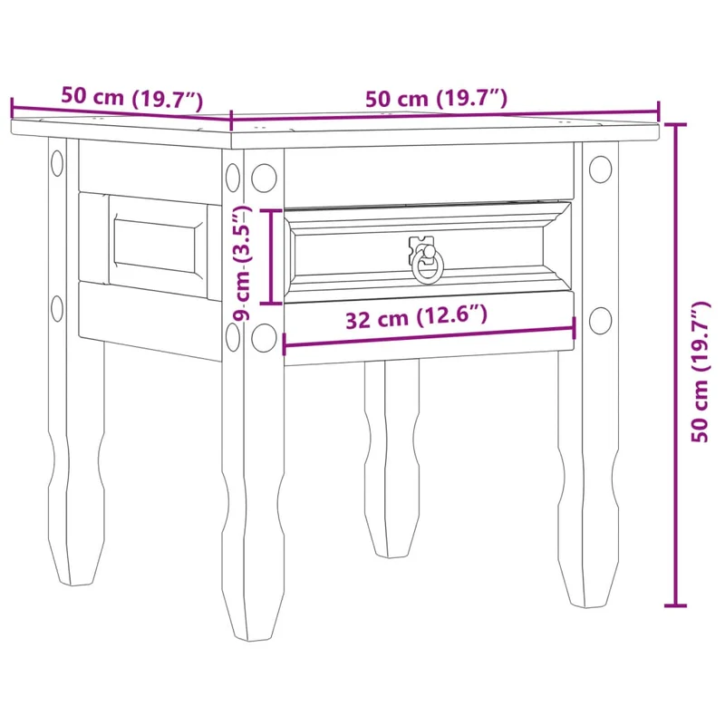 Table d'appoint table de chevet avec tiroir 50 x 50 x 50 cm bois de pin massif bois d'ingénierie et métal DEC032427