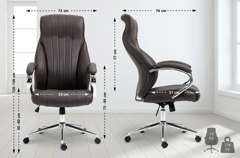 Fauteuil de bureau avec accoudoirs avec surpiqûre verticale en véritable cuir marron cadre en métal chromé 10_0007047