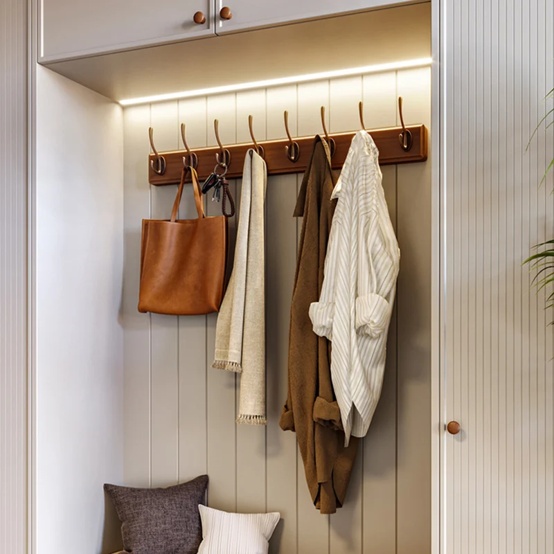 Contemporary Nordic Rectangular Rubberwood Finger-Jointed Wood Zinc Alloy Wall-Mounted Coat Rack Hall Tree For Bedroom & Entryways
