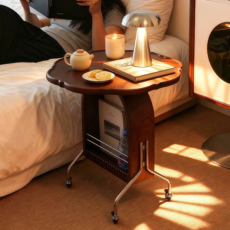 Traditional French Petal Arch Rubberwood Stainless Steel PE Rattan Weaving Movable End Table 2-Tier For Living Room