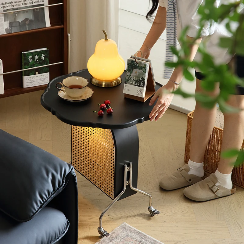 Traditional French Petal Arch Rubberwood Stainless Steel PE Rattan Weaving Movable End Table 2-Tier For Living Room