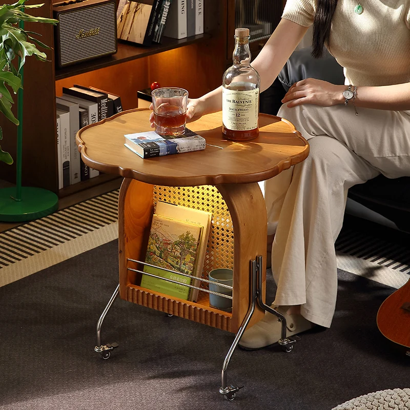 Traditional French Petal Arch Rubberwood Stainless Steel PE Rattan Weaving Movable End Table 2-Tier For Living Room