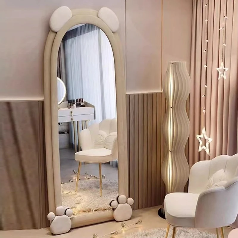 Contemporary Creative Velvet MDF Sponge Glass Bear-Shaped Full-Length Floor Mirror For Bedroom & Living Room