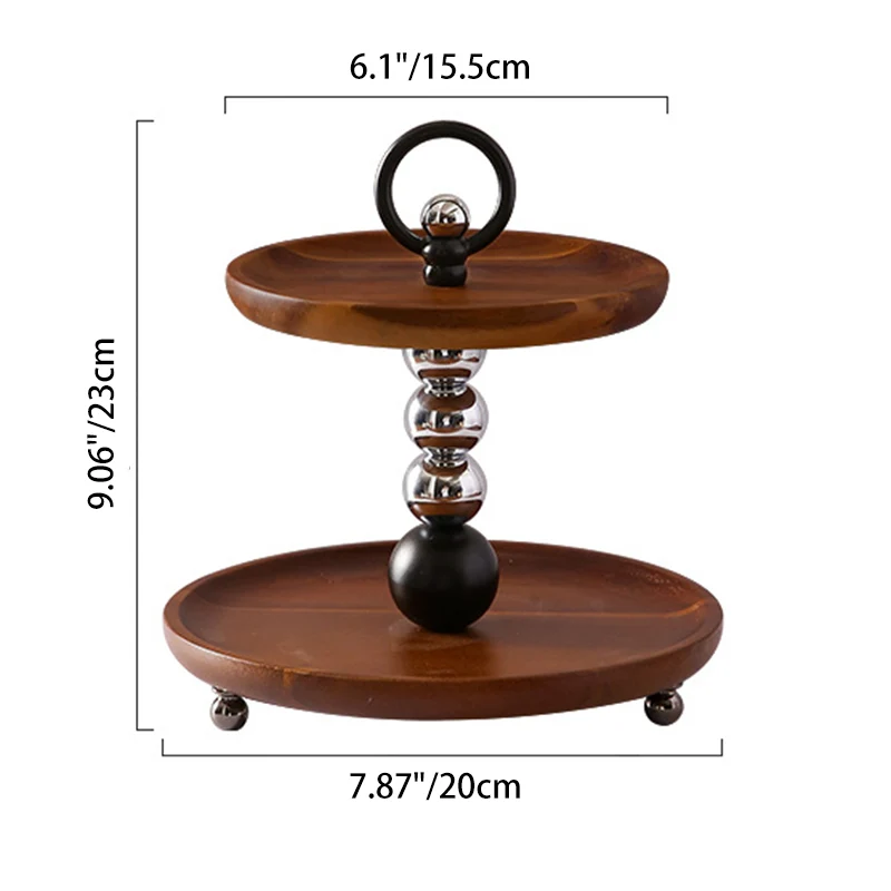 Contemporary Retro Acacia Wood Iron Round Desktop Storage Shelf 2-Tier For Living Room & Bedroom