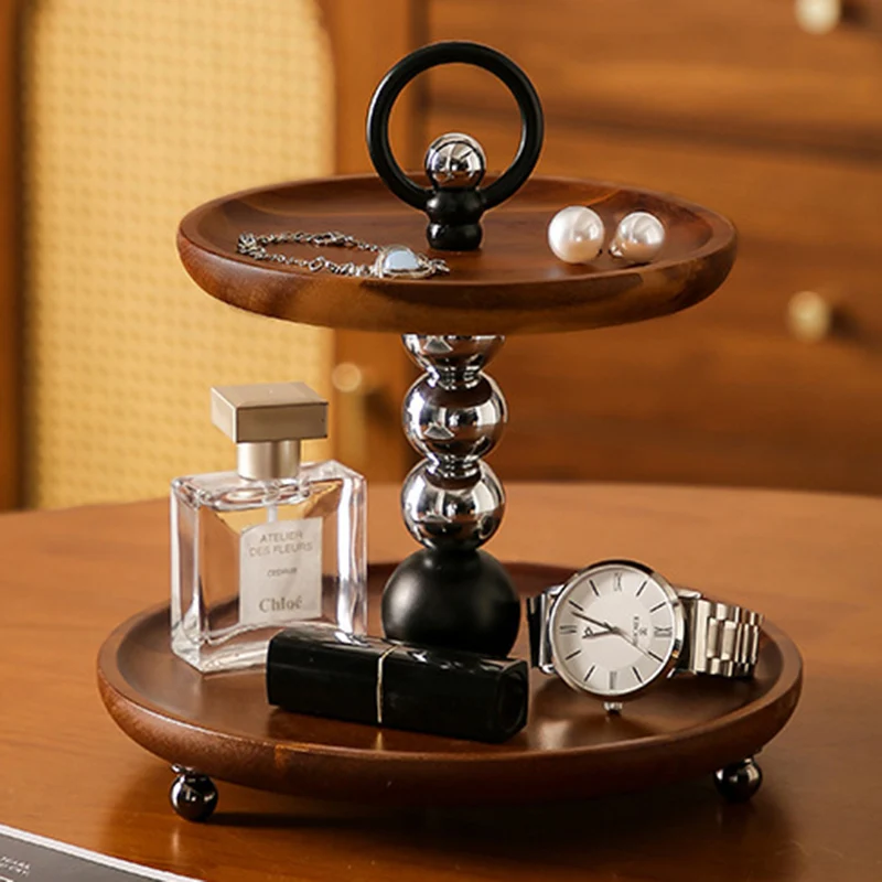 Contemporary Retro Acacia Wood Iron Round Desktop Storage Shelf 2-Tier For Living Room & Bedroom