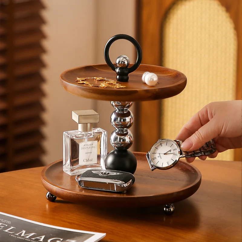 Contemporary Retro Acacia Wood Iron Round Desktop Storage Shelf 2-Tier For Living Room & Bedroom
