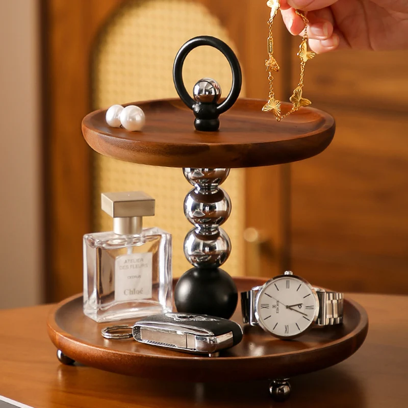 Contemporary Retro Acacia Wood Iron Round Desktop Storage Shelf 2-Tier For Living Room & Bedroom