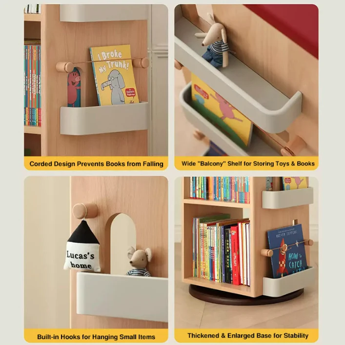 Solid Beech Wood Rotating Kids Bookshelf - Nordic Book Display Shelf With 360° Access And Multi-Level Storage For Books & Toys For Living Room