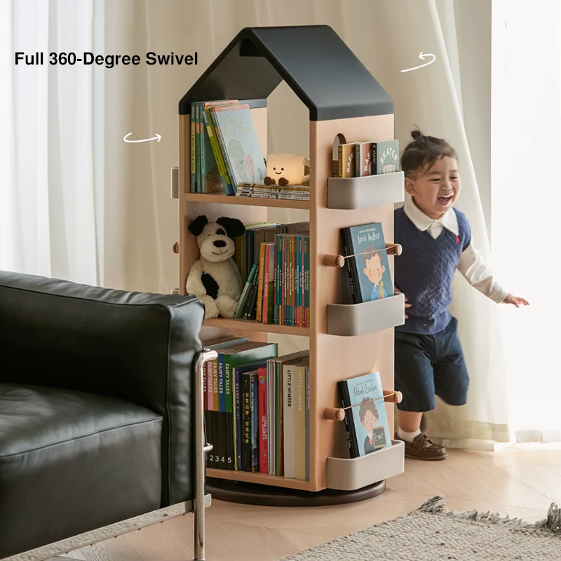 Solid Beech Wood Rotating Kids Bookshelf - Nordic Book Display Shelf With 360° Access And Multi-Level Storage For Books & Toys For Living Room