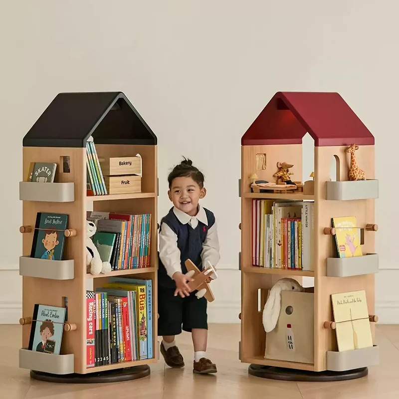 Solid Beech Wood Rotating Kids Bookshelf - Nordic Book Display Shelf With 360° Access And Multi-Level Storage For Books & Toys For Living Room