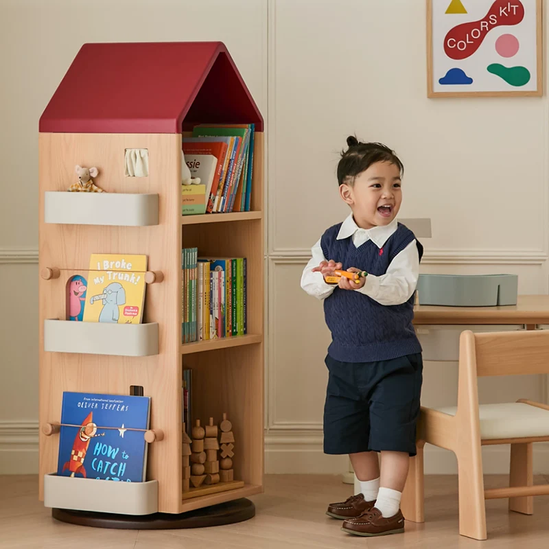 Solid Beech Wood Rotating Kids Bookshelf - Nordic Book Display Shelf With 360° Access And Multi-Level Storage For Books & Toys For Living Room
