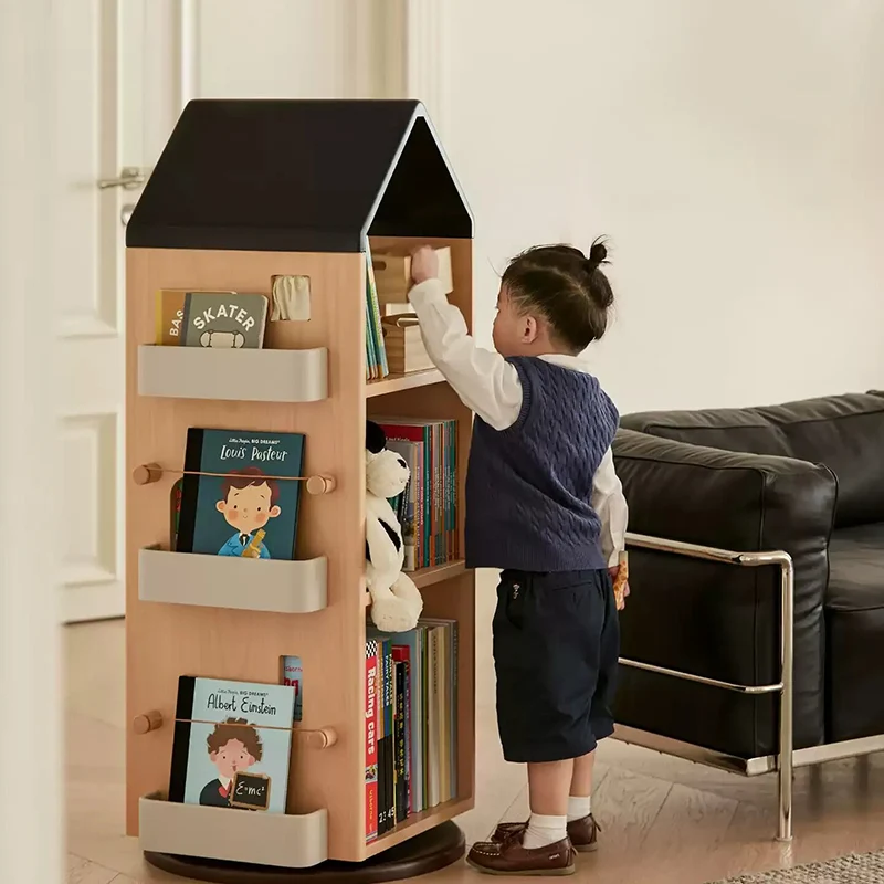 Solid Beech Wood Rotating Kids Bookshelf - Nordic Book Display Shelf With 360° Access And Multi-Level Storage For Books & Toys For Living Room