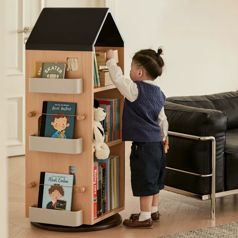 Solid Beech Wood Rotating Kids Bookshelf - Nordic Book Display Shelf With 360° Access And Multi-Level Storage For Books & Toys For Living Room